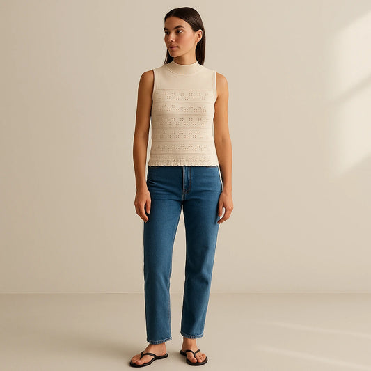 Natural lifestyle image of a model wearing Apricot Cut Out Sleeveless Tank Top Polyester Textured Chic Summer