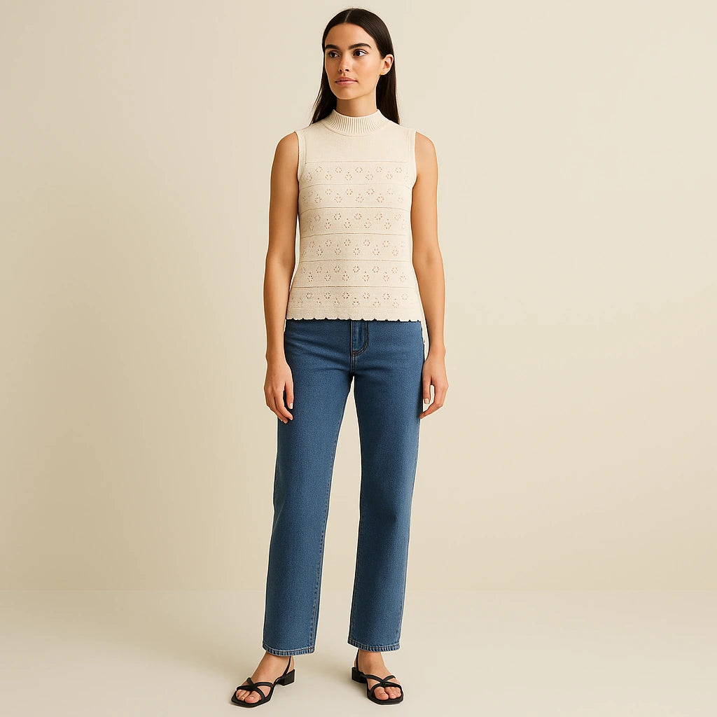 Second natural lifestyle image of a model wearing Apricot Cut Out Sleeveless Tank Top Polyester Textured Chic Summer