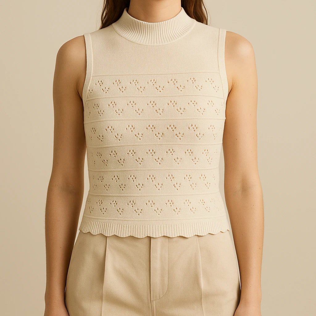 Model wearing Apricot Cut Out Sleeveless Tank Top Polyester Textured Chic Summer with close focus on the product