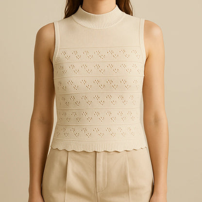 Model wearing Apricot Cut Out Sleeveless Tank Top Polyester Textured Chic Summer with close focus on the product