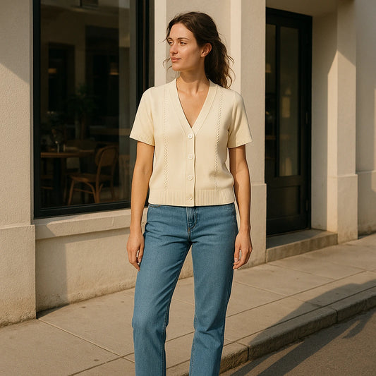 Natural lifestyle image of a model wearing Apricot V Neck Short Sleeve Cardigan Polyester Textured Chic Summer