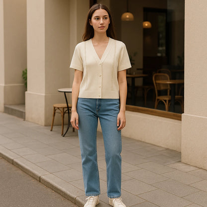 Second natural lifestyle image of a model wearing Apricot V Neck Short Sleeve Cardigan Polyester Textured Chic Summer