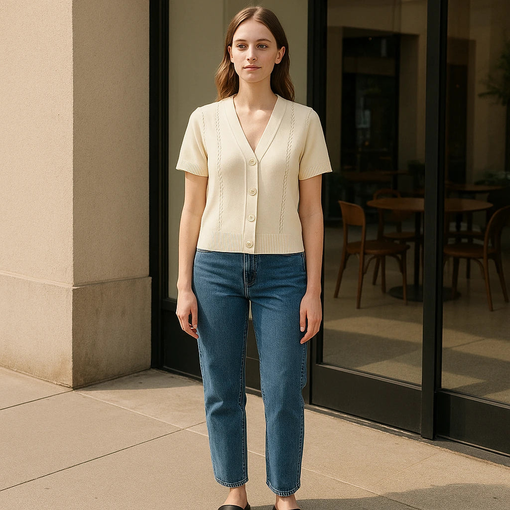 Third natural lifestyle image of a model wearing Apricot V Neck Short Sleeve Cardigan Polyester Textured Chic Summer