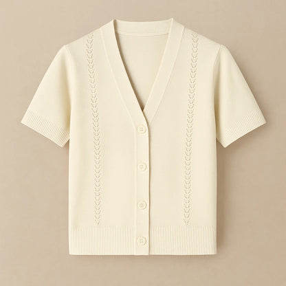 Isolated product image of Apricot V Neck Short Sleeve Cardigan Polyester Textured Chic Summer on simple background