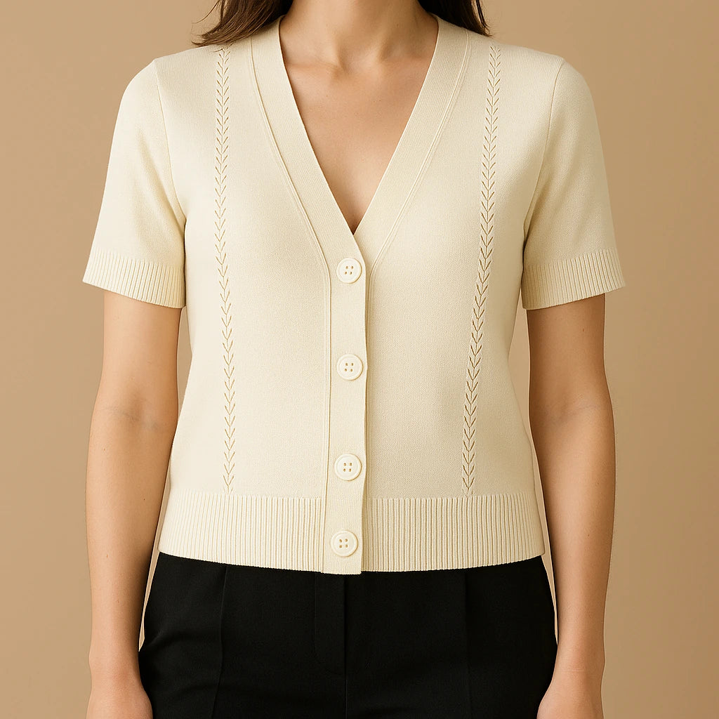 Model wearing Apricot V Neck Short Sleeve Cardigan Polyester Textured Chic Summer with close focus on the product