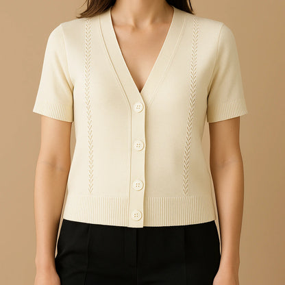 Model wearing Apricot V Neck Short Sleeve Cardigan Polyester Textured Chic Summer with close focus on the product