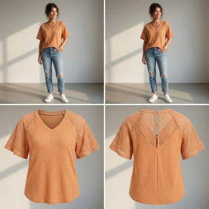 Natural lifestyle image of a model wearing apricot-v-neck-cut-out-knit-tee