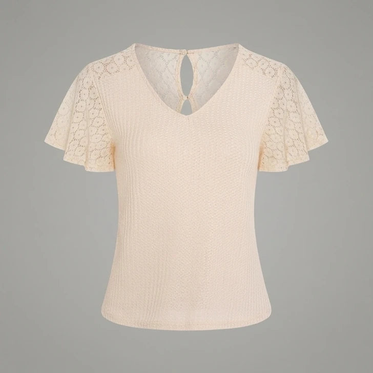 Front product-only image of apricot-v-neck-cut-out-knit-tee