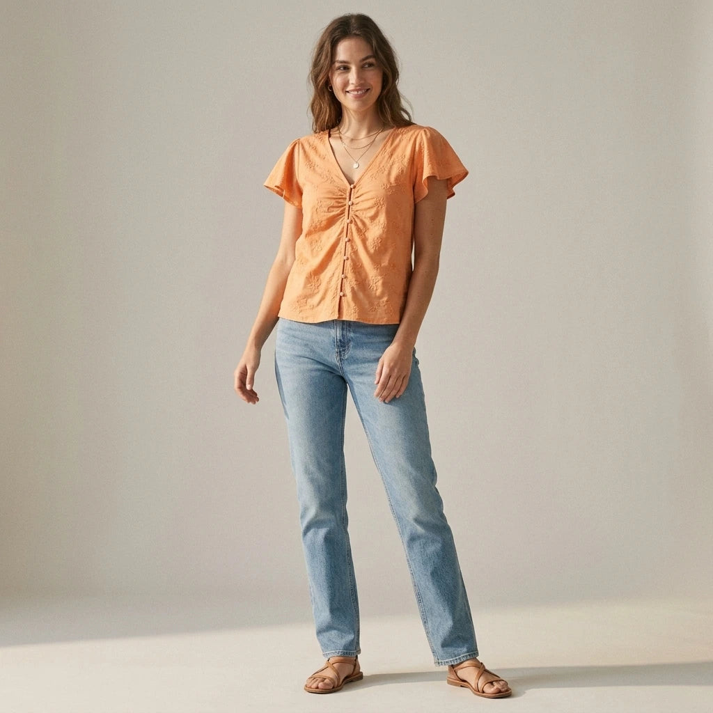 Natural lifestyle image of a model wearing Apricot V Neck Embroidery Tee