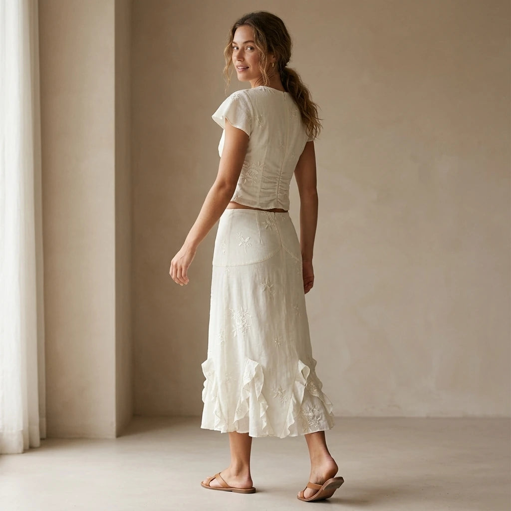 Second natural lifestyle image of a model wearing Apricot V Neck Embroidery Tee
