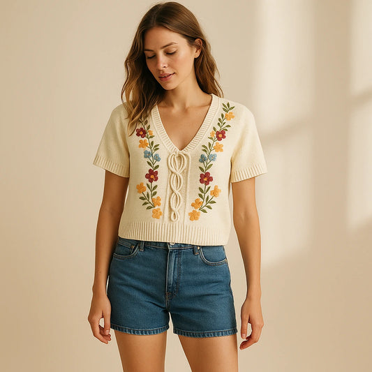 Natural lifestyle image of a model wearing Apricot Floral Embroidery Sweater Top V Neck Short Sleeve Summer