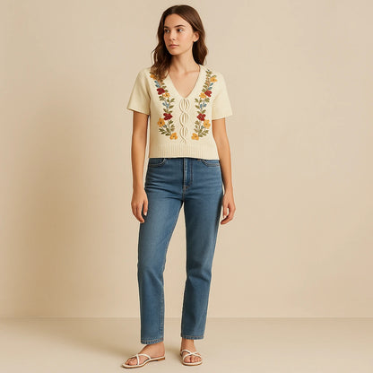 Second natural lifestyle image of a model wearing Apricot Floral Embroidery Sweater Top V Neck Short Sleeve Summer