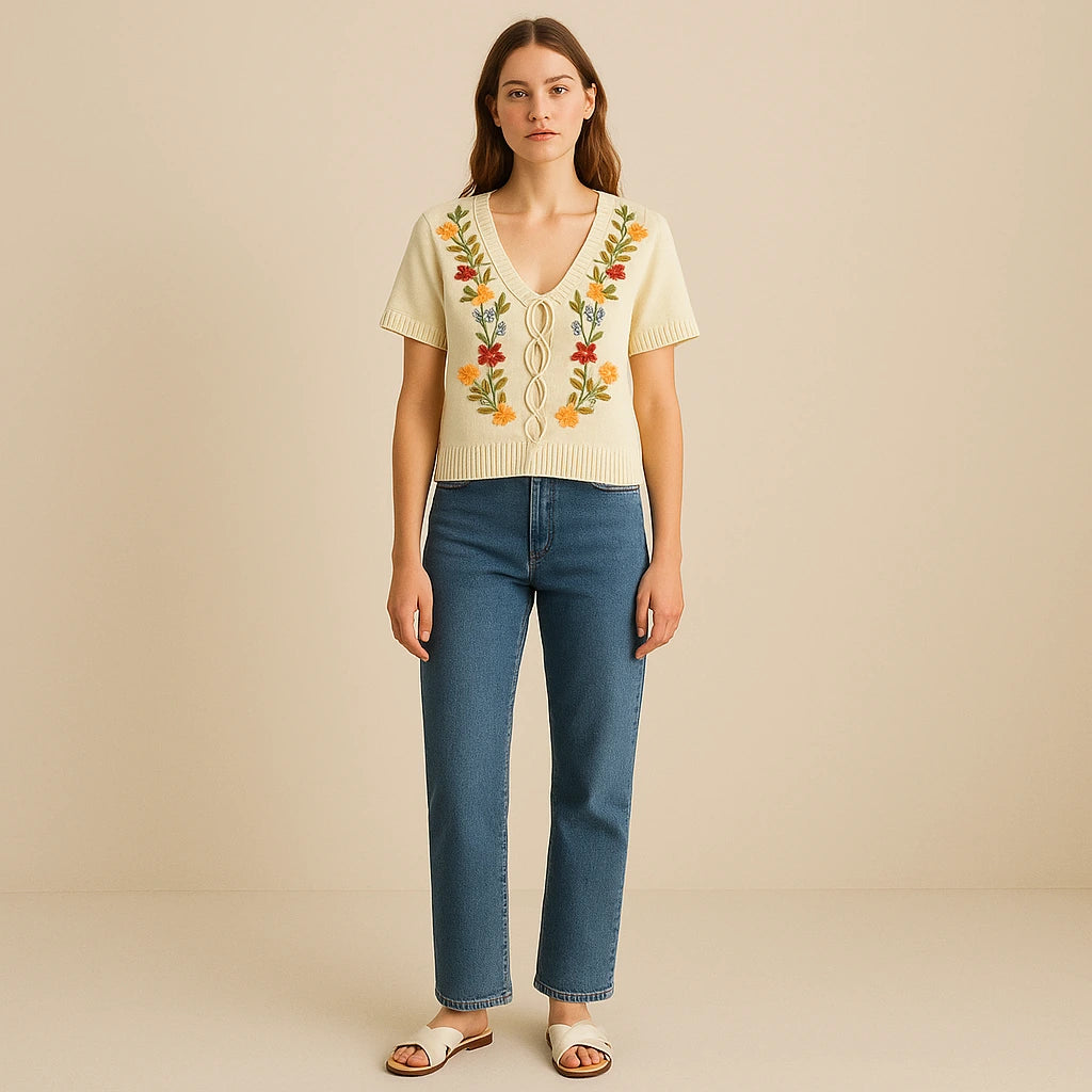 Third natural lifestyle image of a model wearing Apricot Floral Embroidery Sweater Top V Neck Short Sleeve Summer