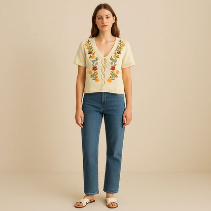 Third natural lifestyle image of a model wearing Apricot Floral Embroidery Sweater Top V Neck Short Sleeve Summer