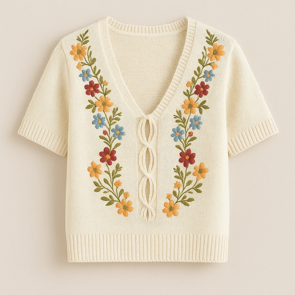 Isolated product image of Apricot Floral Embroidery Sweater Top V Neck Short Sleeve Summer on simple background
