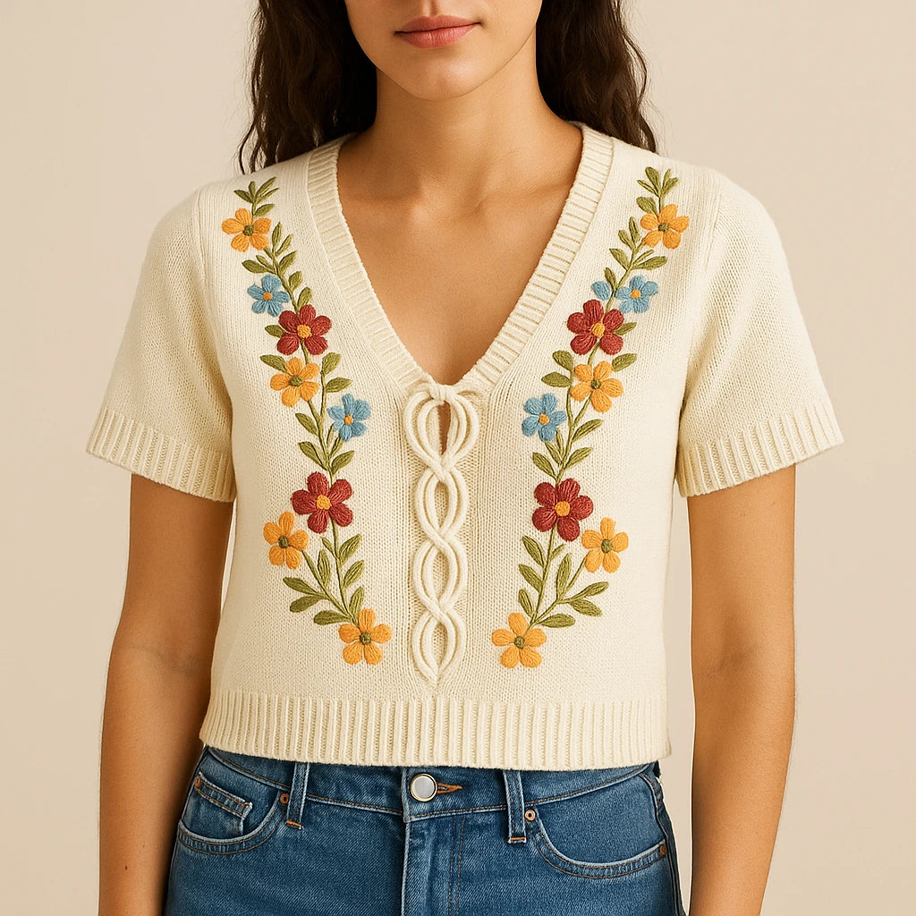 Model wearing Apricot Floral Embroidery Sweater Top V Neck Short Sleeve Summer with close focus on the product