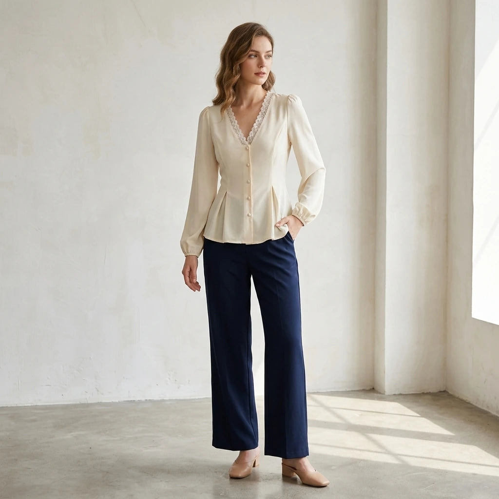 Second natural lifestyle image of a model wearing Apricot V Neck Lace Lantern Sleeve Blouse