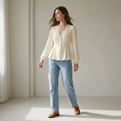 Third natural lifestyle image of a model wearing Apricot V Neck Lace Lantern Sleeve Blouse