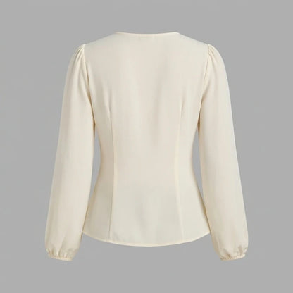 Back product-only image of Apricot V Neck Lace Lantern Sleeve Blouse