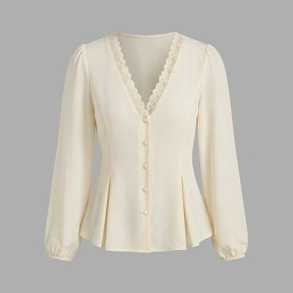 Front product-only image of Apricot V Neck Lace Lantern Sleeve Blouse