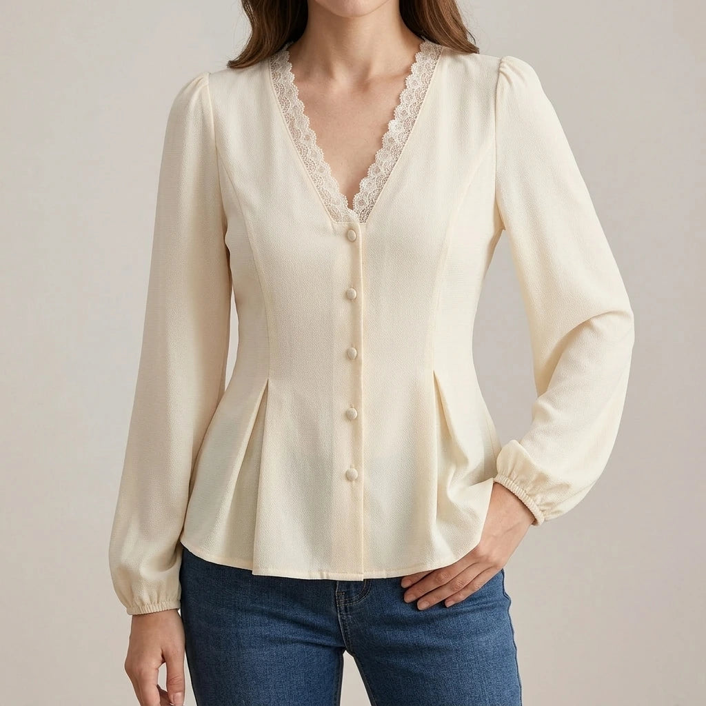 Model wearing Apricot V Neck Lace Lantern Sleeve Blouse with close focus on the product
