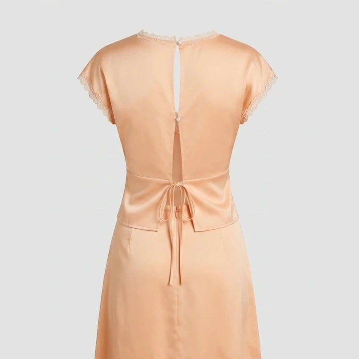 Back product-only image of apricot-v-neck-lace-satin-tee