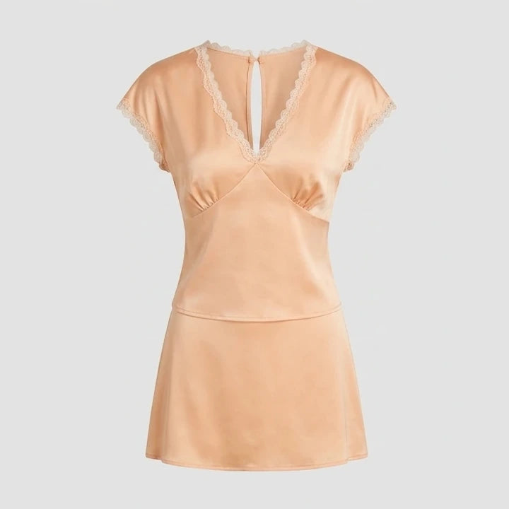 Front product-only image of apricot-v-neck-lace-satin-tee