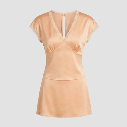 Front product-only image of apricot-v-neck-lace-satin-tee