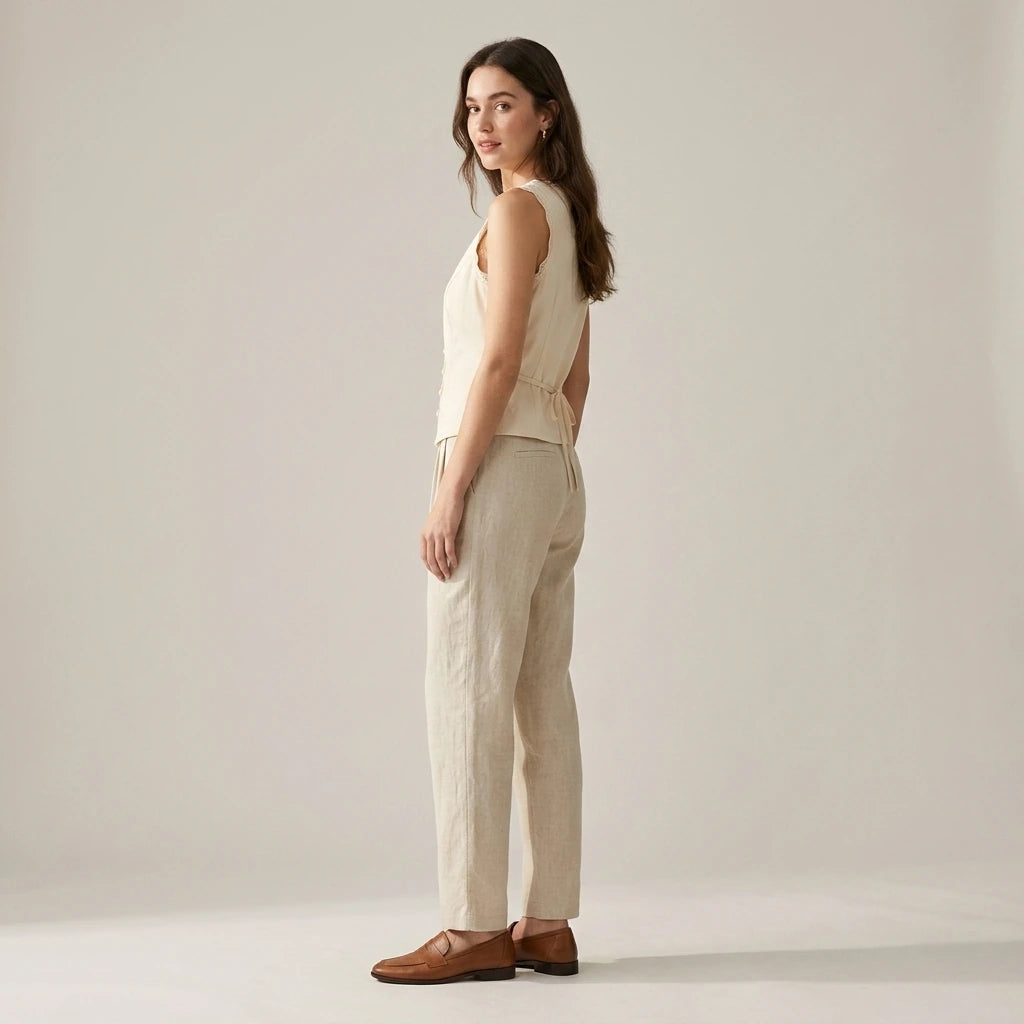 Second natural lifestyle image of a model wearing apricot-v-neck-lace-vest