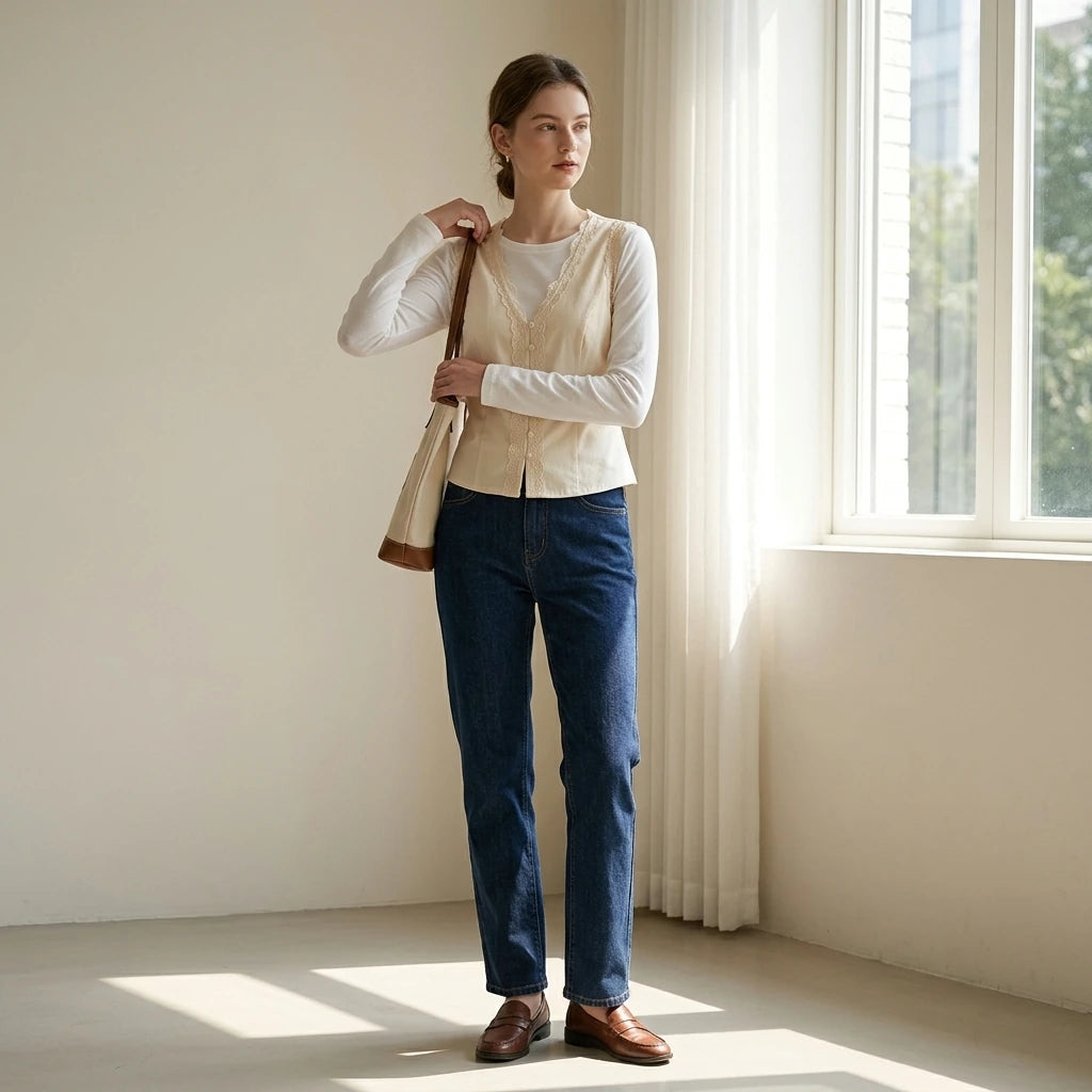 Third natural lifestyle image of a model wearing apricot-v-neck-lace-vest