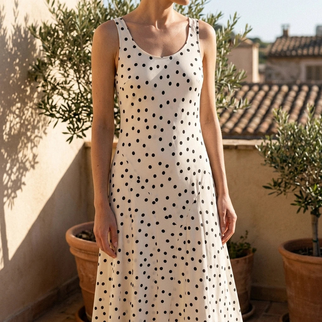 Polka Dot Slim Fit Midi Dress, Pleated Sleeveless Shoulder Strap, Elastic Polyester, Effortless — lifestyle