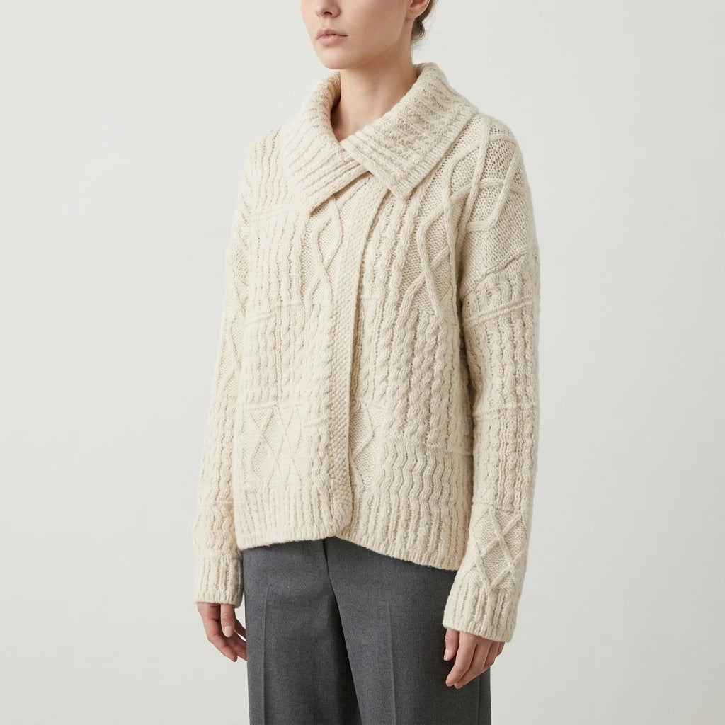 Turn-Down Collar Cable Knit Sweater Coat for Women Autumn Winter Retro Lazy Style Thick Chunky Knit Sweater — variant_front