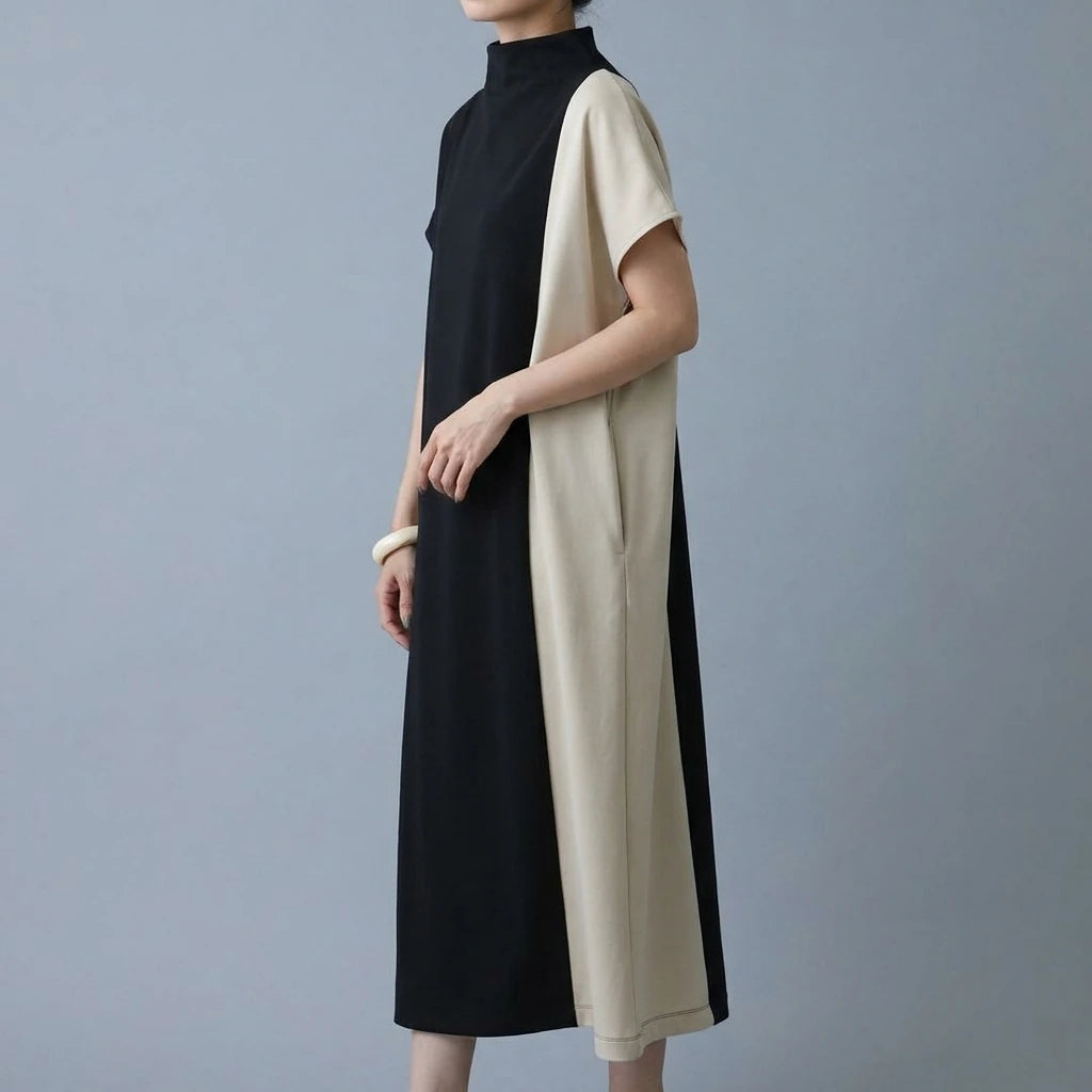 Japanese half turtleneck patchwork long dress — lifestyle
