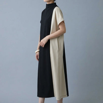 Japanese half turtleneck patchwork long dress — lifestyle