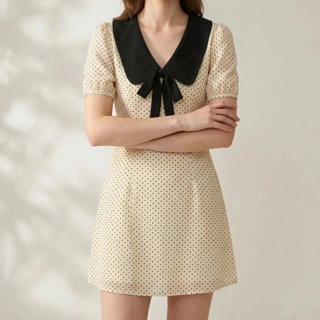 Elegant A-Line Mini Dress Women’s Polka Dot Contrasting Colors V Neck Puffed Short Sleeve Daily Summer Apricot Polyester Natural Waist — lifestyle