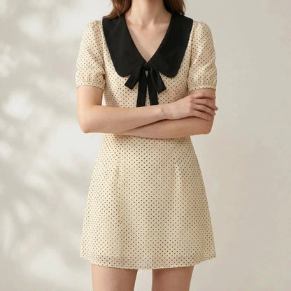 Elegant A-Line Mini Dress Women’s Polka Dot Contrasting Colors V Neck Puffed Short Sleeve Daily Summer Apricot Polyester Natural Waist — lifestyle
