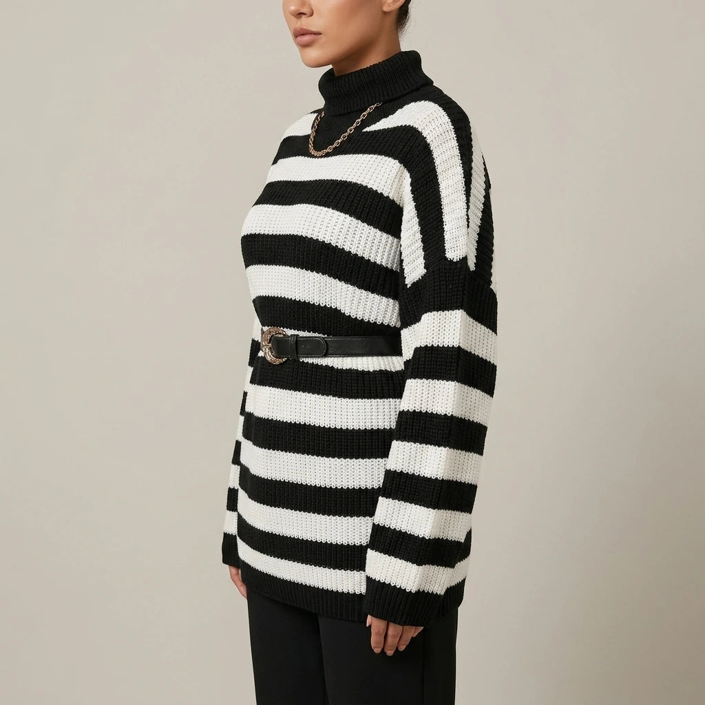 Autumn And Winter Women's Striped Sweater Casual Long-Sleeved Half Turtleneck Loose Sweater Women — variant_front