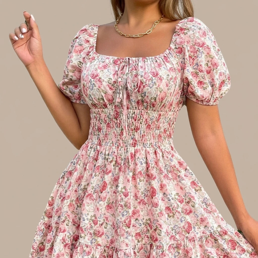 Pink Floral Slim Fit Camisole Midi Dress, Square Neck Sleeveless, Casual Polyester, Summer — lifestyle
