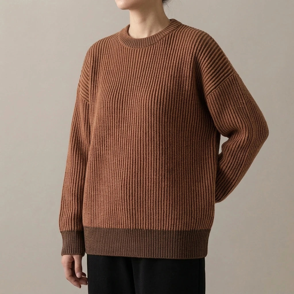 Simple Solid Color Distressed Chunky Knit Crewneck Loose Pullover Sweater — variant_front