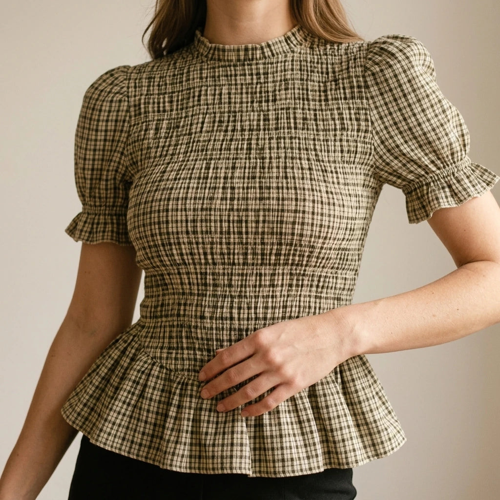 Apricot Shirred Ruffle Plaid Tee Top Women’s Lantern Sleeve Casual Workwear Daily Short Sleeve Polyester Spring Summer — lifestyle