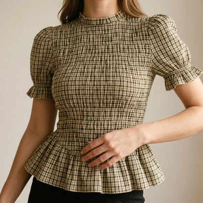 Apricot Shirred Ruffle Plaid Tee Top Women’s Lantern Sleeve Casual Workwear Daily Short Sleeve Polyester Spring Summer — lifestyle