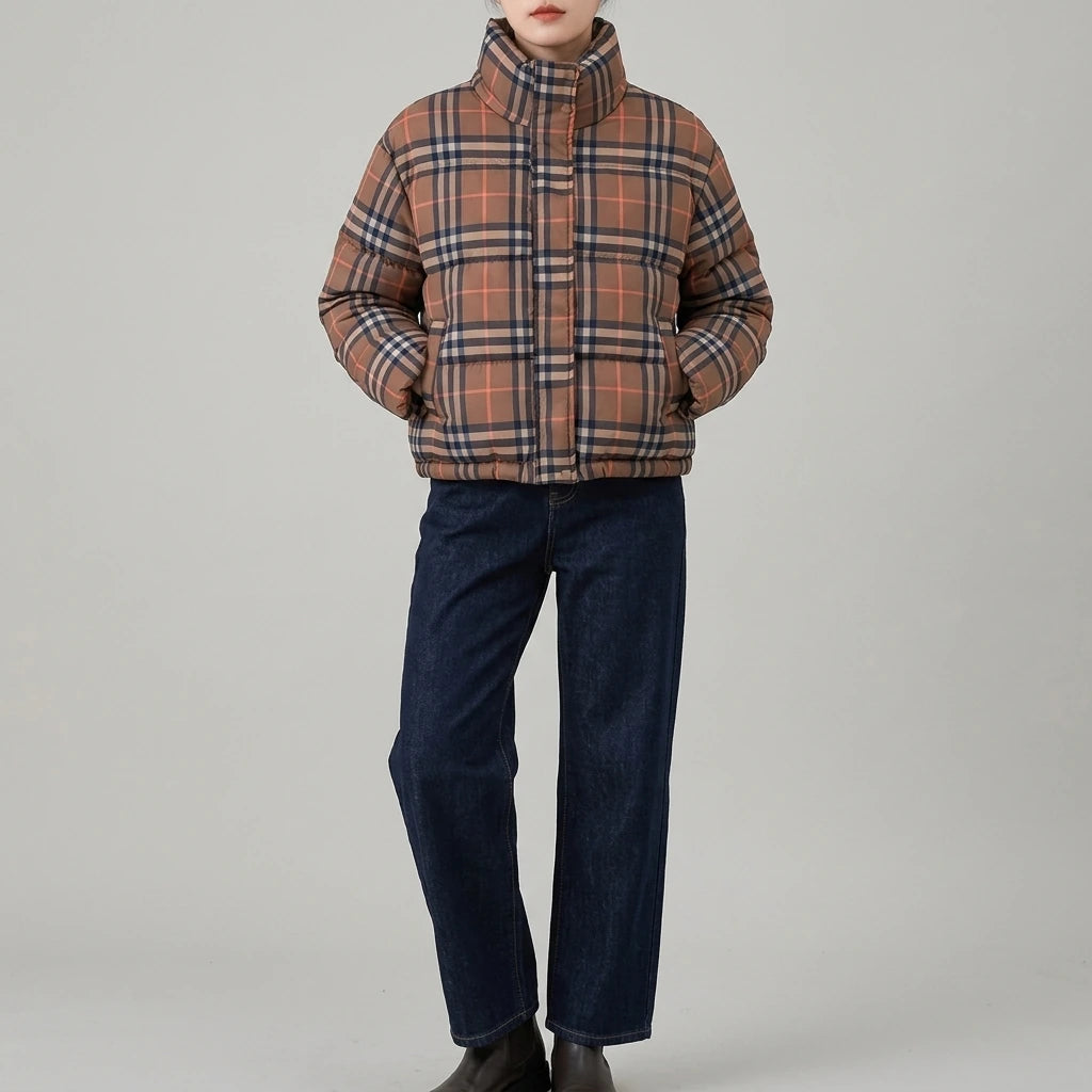 Winter New  Plaid Short Puffer Coat for Petite Women, Thick Warm Cotton Jacket, Fashionable Hooded Outwear — variant_front