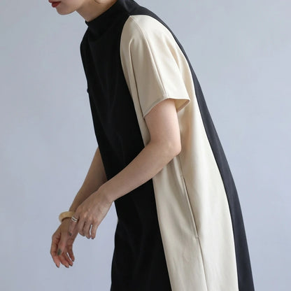 Japanese half turtleneck patchwork long dress — lifestyle