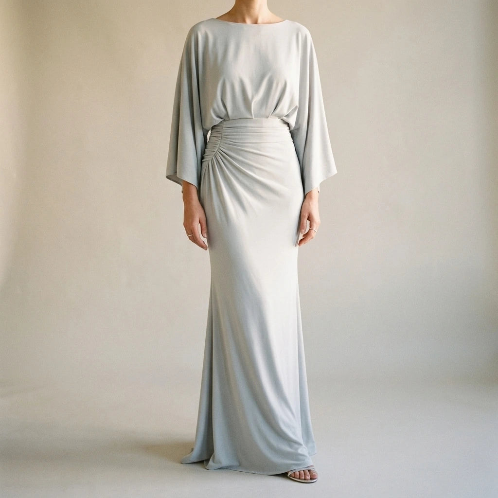 Silver Backless Maxi Dress, Pleated Mermaid Long Gown, Batwing Three-Quarter Sleeve, Elegant Polyester, Summer — variant_front