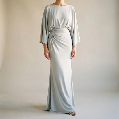 Silver Backless Maxi Dress, Pleated Mermaid Long Gown, Batwing Three-Quarter Sleeve, Elegant Polyester, Summer — variant_front