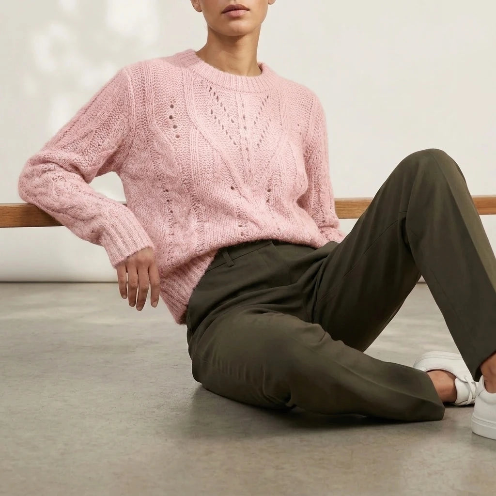 Sweater Women Soft Chunky Cable Knit Hollow Out Round Neck Sweet Candy Color Pullover sweater — variant_front