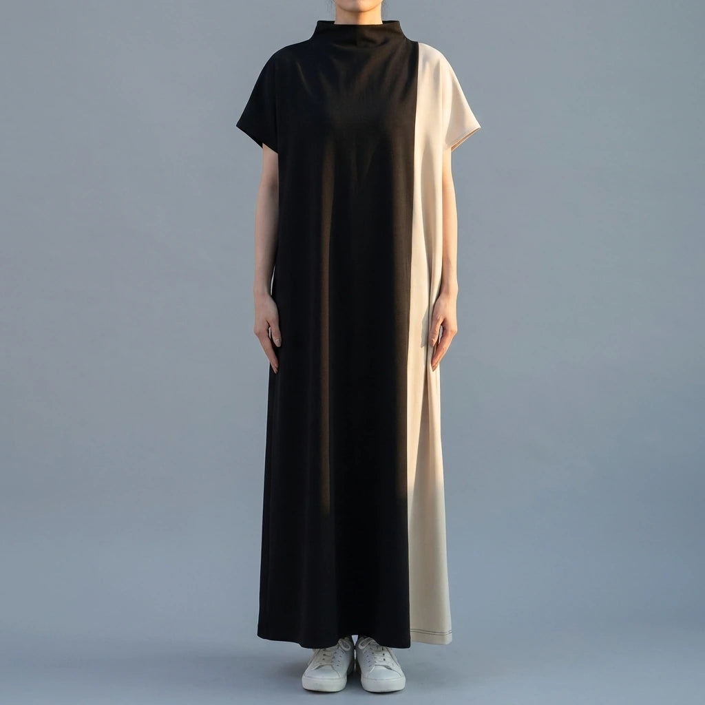 Japanese half turtleneck patchwork long dress — variant_front