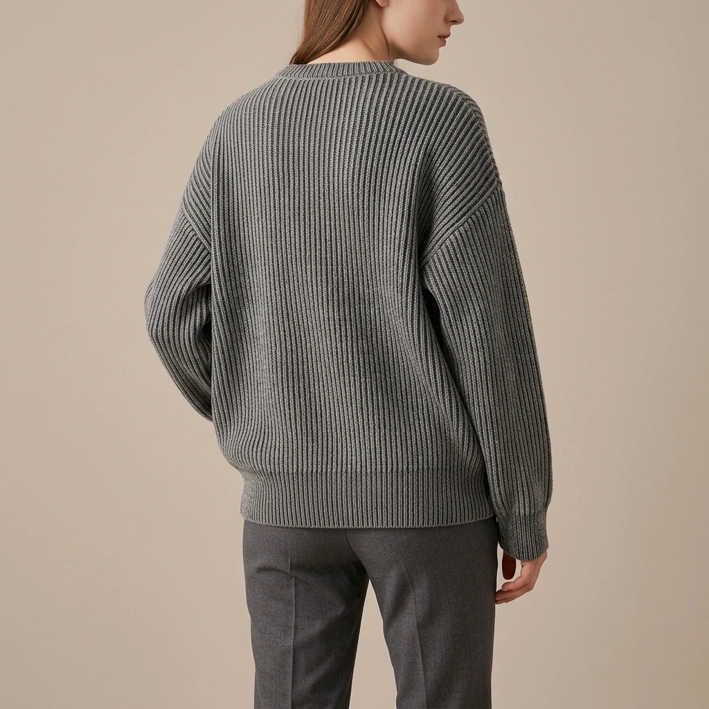 Simple Solid Color Distressed Chunky Knit Crewneck Loose Pullover Sweater — variant_front