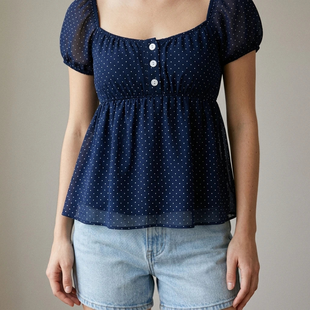 Polka Dot Babydoll Top Women Summer Sweet Korean Puff Short Sleeve Chiffon Blouse Square Neck Summer Vintage Youthful T-shirt — lifestyle