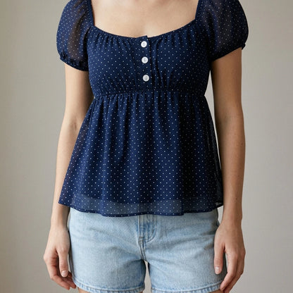 Polka Dot Babydoll Top Women Summer Sweet Korean Puff Short Sleeve Chiffon Blouse Square Neck Summer Vintage Youthful T-shirt — lifestyle